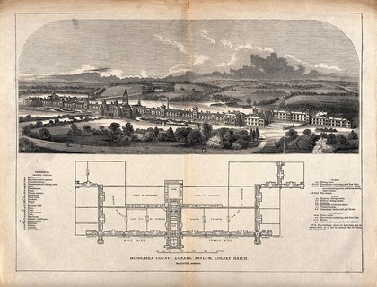 Middlesex County Lunatic Asylum, Colney Hatch, Southgate, Middlesex: bird's eye view with detailed floor plan and key. Wood engraving by Laing after Daukes.