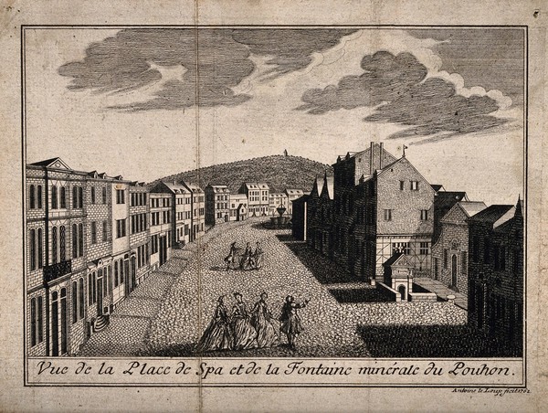 Spa, Belgium: people making their way towards the principal mineral fountain (pouhon). Etching after A. Le Loup, 1762.