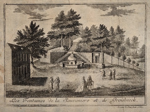 Spa, Belgium: Franciscan monks at the fountains of Sauveniere and Groisbeeck. Engraving by M.B. Wachsmouth, 1762.