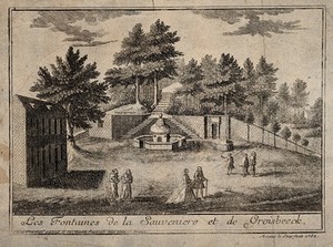 view Spa, Belgium: monks and visitors at the fountains of Sauveniere and Groisbeeck. Engraving by M.B. Wachsmuth after A. Le Loup, 1762.