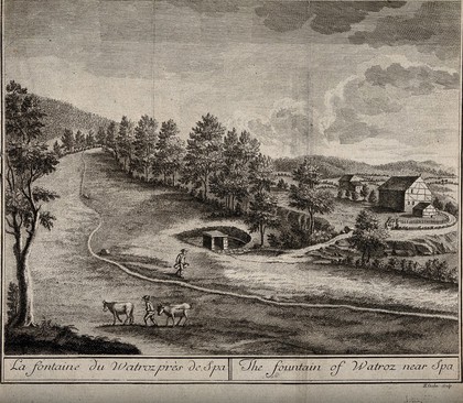 Spa, Belgium: fountain of Watroz. Etching by H.J. Godin after A. Le Loup.