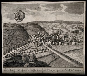 view Spa, Belgium: panoramic view of the town from the north-west. Etching by H.J. Godin after A. Le Loup.
