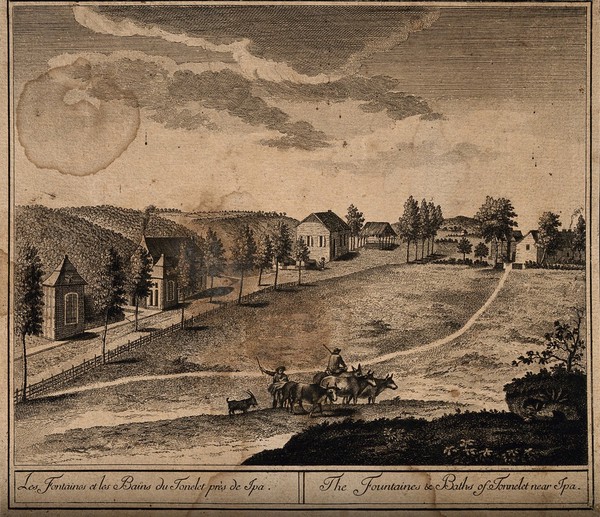 Spa, Belgium: the medicinal spring and baths of Le Tonnelet. Etching by H.J. Godin after A. Le Loup.