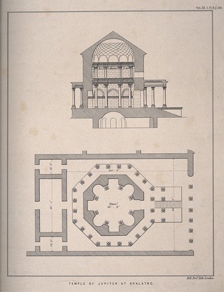 Temple of Jupiter, Spalato [Split]: floor plan and design drawings. Transfer lithograph by Kell Bros.