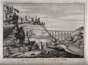 view Aqueduct, Spoleto, Italy: panoramic view. Engraving.