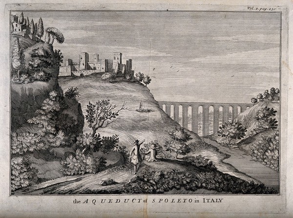 Aqueduct, Spoleto, Italy: panoramic view. Engraving.