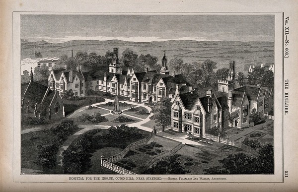 Hospital for the Insane, Coton-Hill, Stafford: bird's eye view. Wood engraving by W.E. Hodgkin, 1854, after B. Sly after Fulljames and Waller.