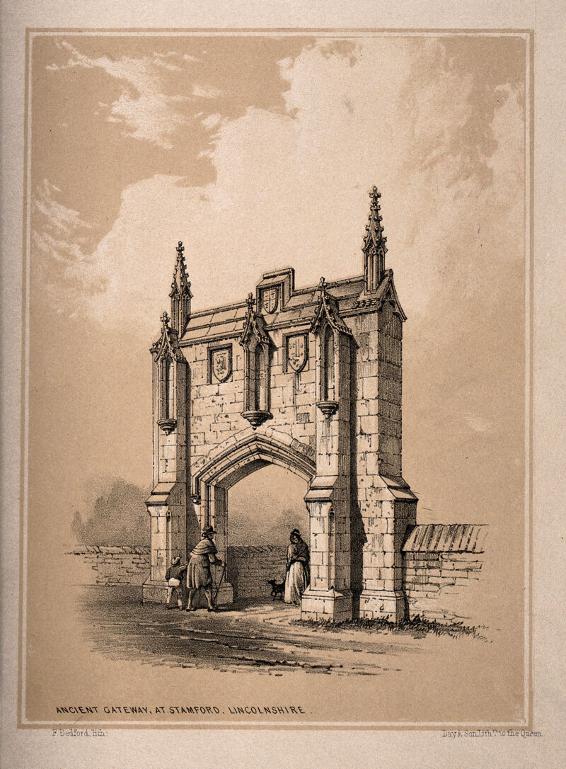 Stamford, Lincolnshire: an ancient gateway. Tinted lithograph by F. Bedford., by Francis Bedford