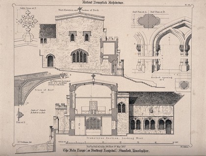 Bede House (or Brother's Hospital), Stamford, Lincolnshire: architectural design plans and key. Transfer lithograph by J.R. Jobbins, 1857, after F.T. Dollman.