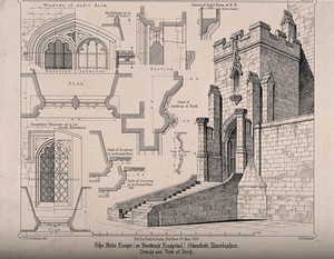 view Bede House [or Brother's Hospital], Stamford, Lincolnshire: design drawings of the porch with key. Transfer lithograph by J.R. Jobbins, 1857, after F.T. Dollman.