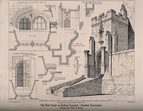 Bede House [or Brother's Hospital], Stamford, Lincolnshire: design drawings of the porch with key. Transfer lithograph by J.R. Jobbins, 1857, after F.T. Dollman.