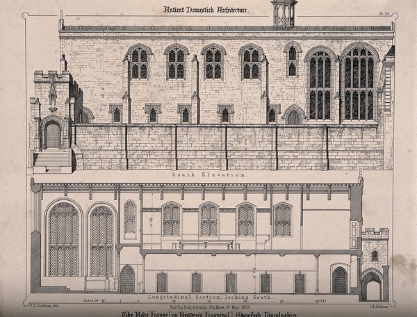 Bede House [or Brother's Hospital], Stamford, Licolnshire: design drawings. Transfer lithograph by J.R. Jobbins, 1857, after F.T. Dollman.