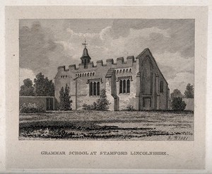 view Grammar School, Stamford, Lincolnshire. Etching by J.B., 1821.