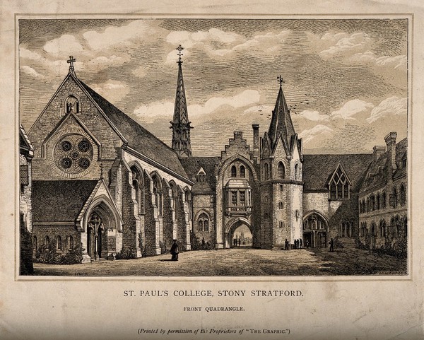 St. Paul's College, Stony Stratford, Buckinghamshire: front quadrangle. Tinted wood engraving by H. Harpal after H.W.A.