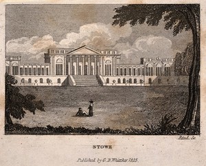 view Stowe, Buckingham: Stowe House. Engraving by Read, 1825.