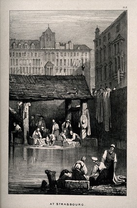 Strasbourg, France: women washing clothes. Lithograph.