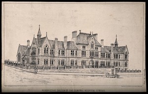 view General Hospital, Stroud, Gloucester: perspective sketch. Photolithograph by W. & A.K. Johnston, 1874.