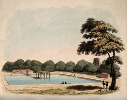 Water tank, Srīperumbūdur, India. Coloured aquatint by C. Gold, 1799, after himself.