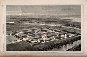 view Victoria Hospital, Suez, Egypt: bird's eye view. Wood engraving by Pearson, 1868, after Colonel Collyer.