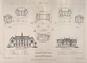 view Orphanage, Swanley, Kent: floor plans, elevations, and site layout. Photolithographs by Whiteman & Bass, 1882, after H. Spalding.