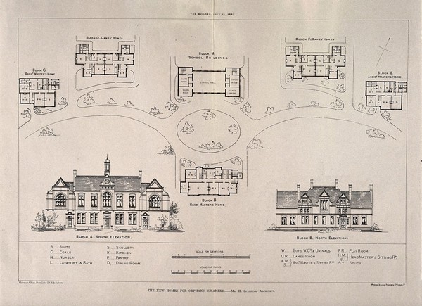 Orphanage, Swanley, Kent: floor plans, elevations, and site layout. Photolithographs by Whiteman & Bass, 1882, after H. Spalding.