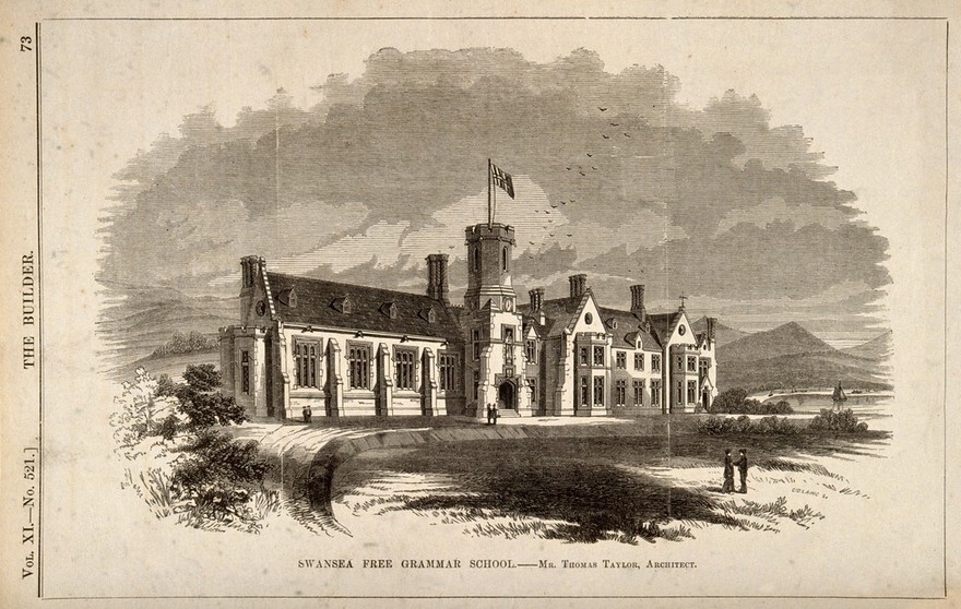 Swansea Free Grammar School, Swansea. Wood engraving by C.D. Laing, 1853, after T. Taylor.