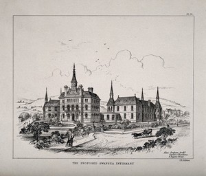 view Swansea Infirmary, Swansea: proposed designs. Transfer lithograph by J.R. Jobbins after A. Graham.