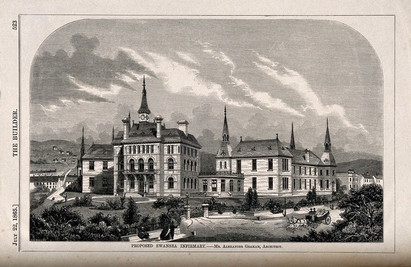 Swansea Infirmary, Swansea: proposed plans. Wood engraving by W.E. Hodgkin, 1865, after J.M. Rogers after A. Graham.