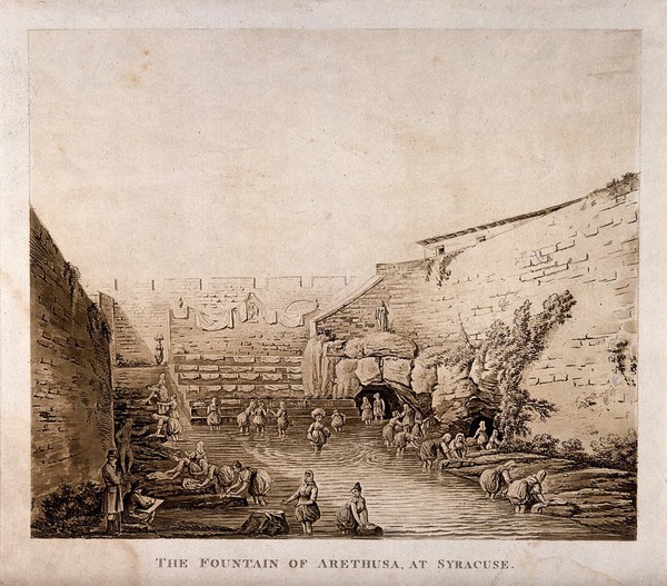 Fountain of Arethusa, Syracuse, Sicily: artists sketching laundry women at work. Etching with aquatint by W. Wilkins, 1807.