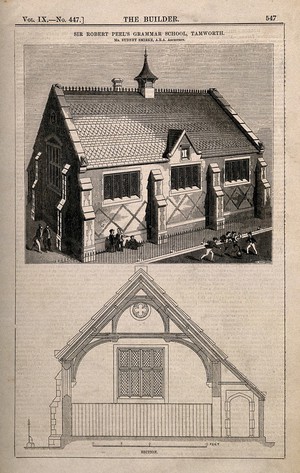 view Sir Robert Peel's Grammar School, Tamworth, Staffordshire: with architectural details. Wood engraving by Laing, 1851, after S. Smirke.
