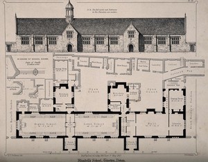 view Blundell's School, Tiverton, Devon: with keyed floor plan. Transfer lithograph by J.R. Jobbins, 1857, after F.T. Dollman.