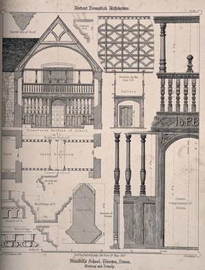 view Blundell's School, Tiverton, Devon: architectural sections and details with key. Transfer lithograph by J.R. Jobbins, 1857, after F.T. Dollman.