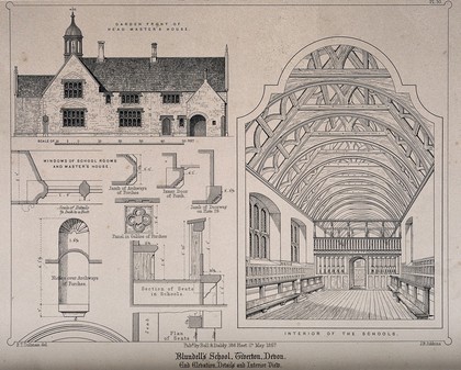 Blundell's School, Tiverton, Devon: with design sketches and key. Transfer lithograph by J.R. Jobbins, 1857, after F.T. Dollman.