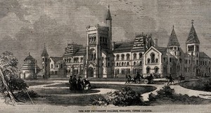 view New University College, Toronto, Canada: panoramic view. Wood engraving by Madgourd.