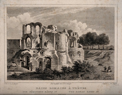 Baths of Trier, Germany: ruins. Etching by J. Poppel after L. Lange.