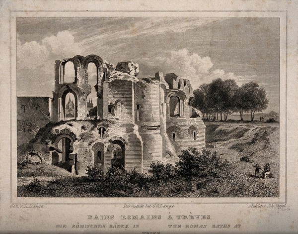 Baths of Trier, Germany: ruins. Etching by J. Poppel after L. Lange.