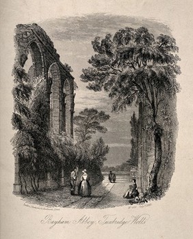 Bayham Abbey, Tunbridge Wells, Kent: figures strolling by the ruins. Etching by G. Brown, 1845.