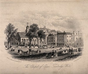 view Chapel of Ease, Tunbridge Wells, Kent: panoramic view from the main square. Etching, 1854.