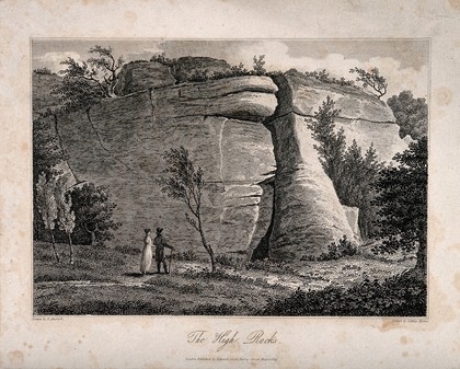 High Rocks, Tunbridge Wells, Kent. Etching by Letitia Byrne, 1809, after P. Amsinck.
