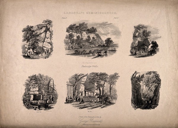 Tunbridge Wells, Kent: six sketches of the high rocks. Lithograph by G. Barnard.