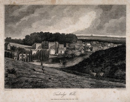 Tunbridge Wells, Kent: panoramic view. Etching by Letitia Byrne, 1809, after P. Amsinck.