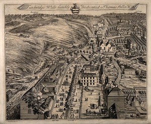 view Tunbridge Wells, Kent: bird's eye view. Etching by J. Kip after J. Badslade.