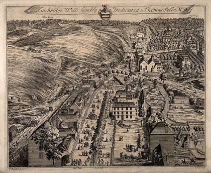 Tunbridge Wells, Kent: bird's eye view. Etching by J. Kip after J. Badslade.