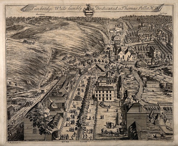 Tunbridge Wells, Kent: bird's eye view. Etching by J. Kip after J. Badslade.