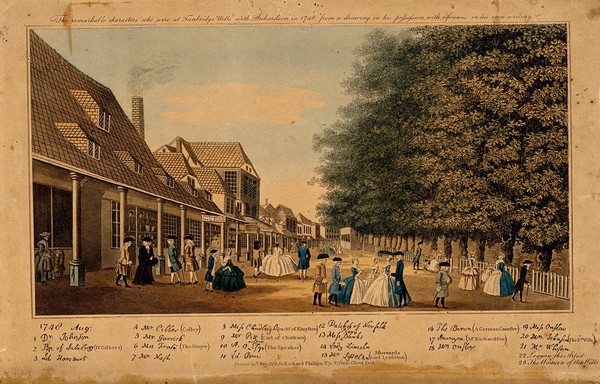 Tunbridge Wells, Kent: visitors to the wells and characters of the town in August 1748. Etching after T. Loggon, 1804.