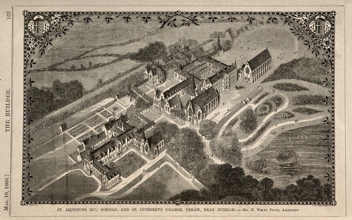 St. Aloysius's Schools and St. Cuthbert College, Ushaw, near Durham. Wood engraving by I.S. Heaviside, 1860, after B. Sly after E. Welby Pugin.