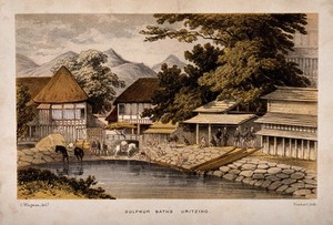 view Sulphur Baths, Uritzino, Japan: panoramic view. Coloured lithograph by Hanhart after C. Wirgman.