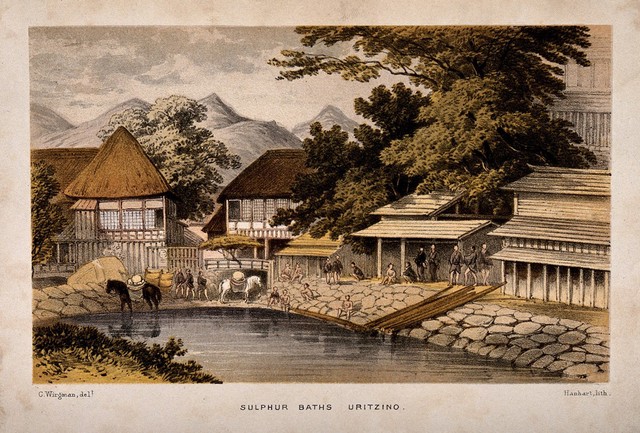 Sulphur Baths, Uritzino, Japan: panoramic view. Coloured lithograph by Hanhart after C. Wirgman.