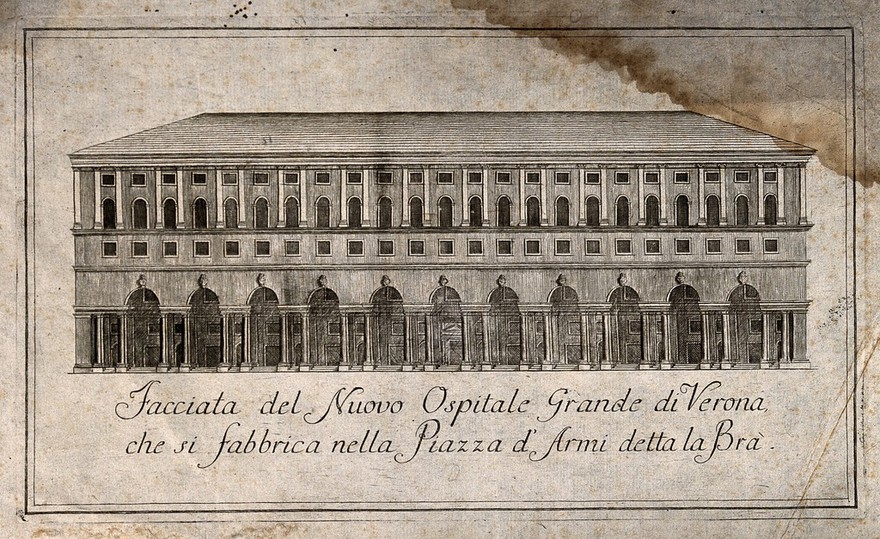 New Hospital, Verona, Italy: the facade. Engraving.