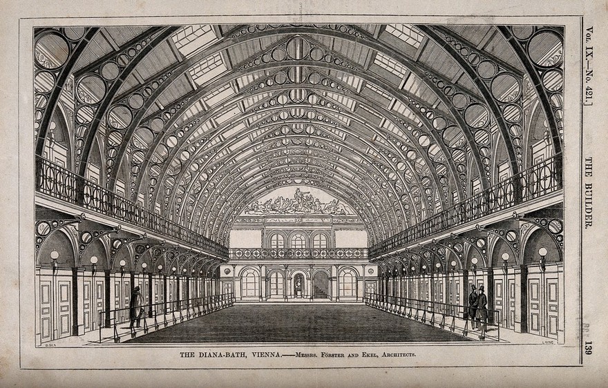 Diana Bath, Vienna: panoramic view. Wood engraving by Laing after B. Sly after Förster and Ekel.